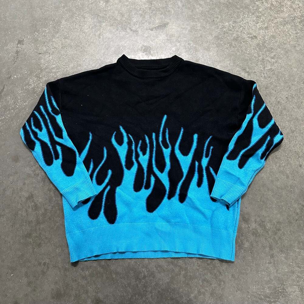 Y2K Flame Knit Sweater Oversized Baggy Fire Graphic Streetwear